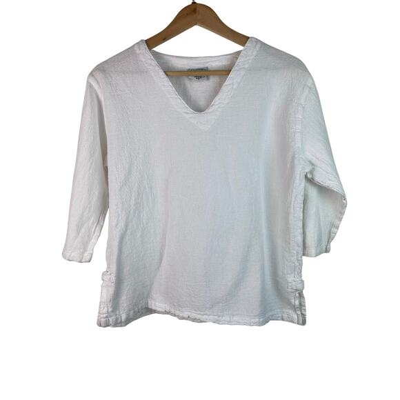 Drawstrings of Malibu Women's Size XS White 3/4 Sleeve V-Neck Cotton V-Neck Top - Picture 1 of 8